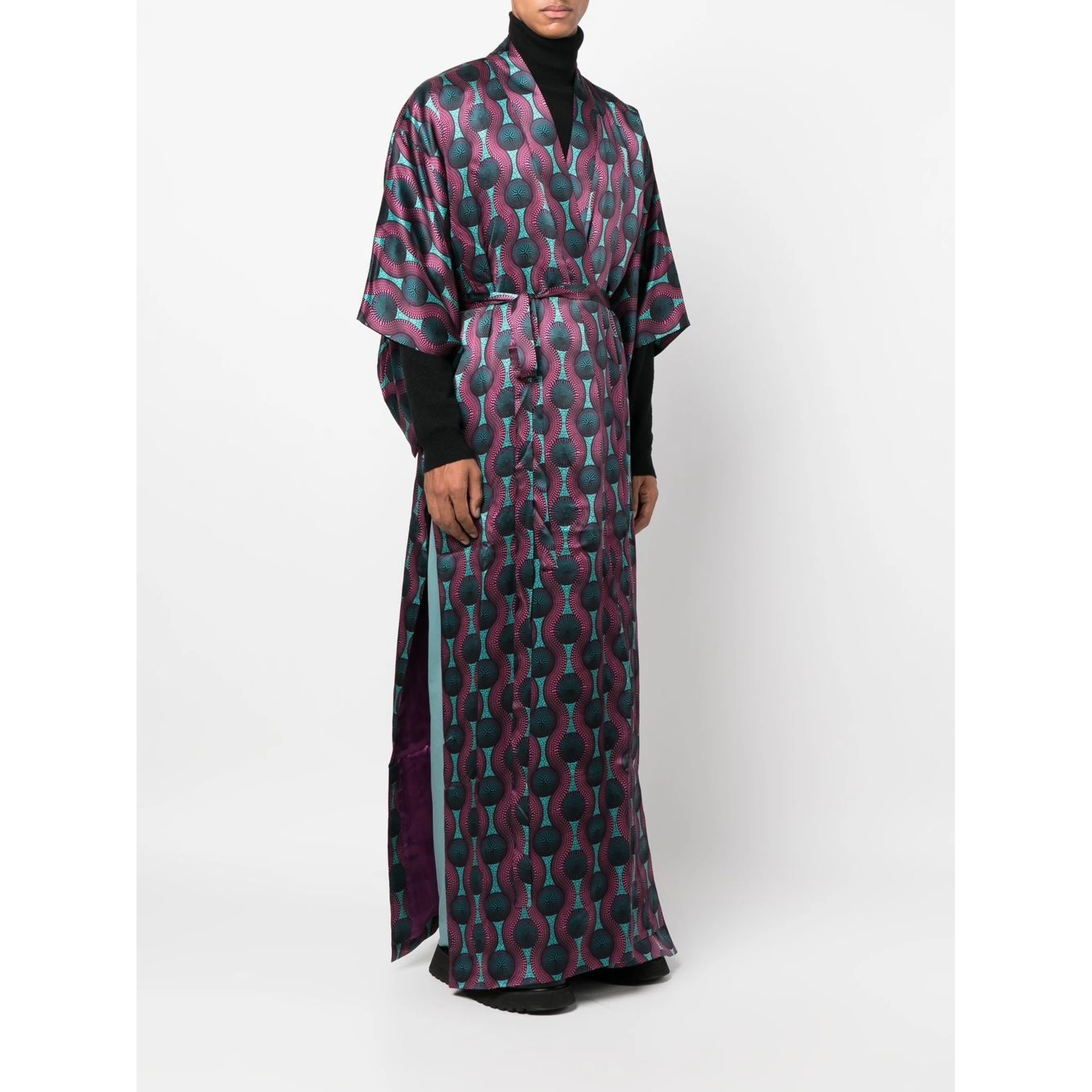 geometric-print tie-waist long jacket