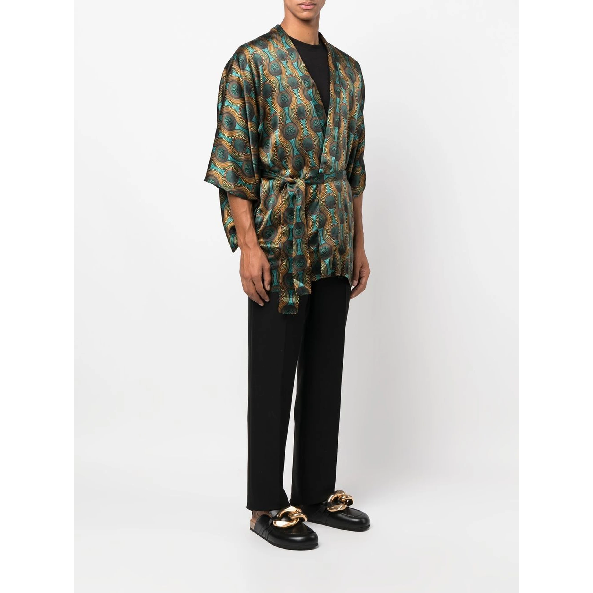 short geometric-print tie-waist jacket