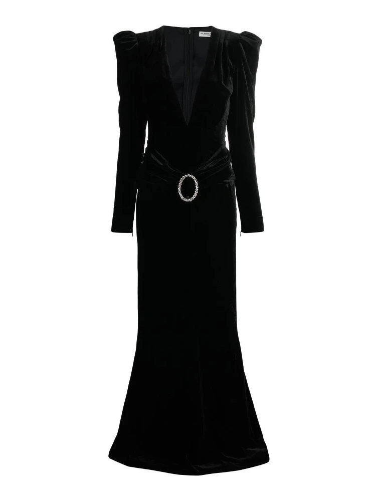 Deep Neckline Velvet Long Dress In Black