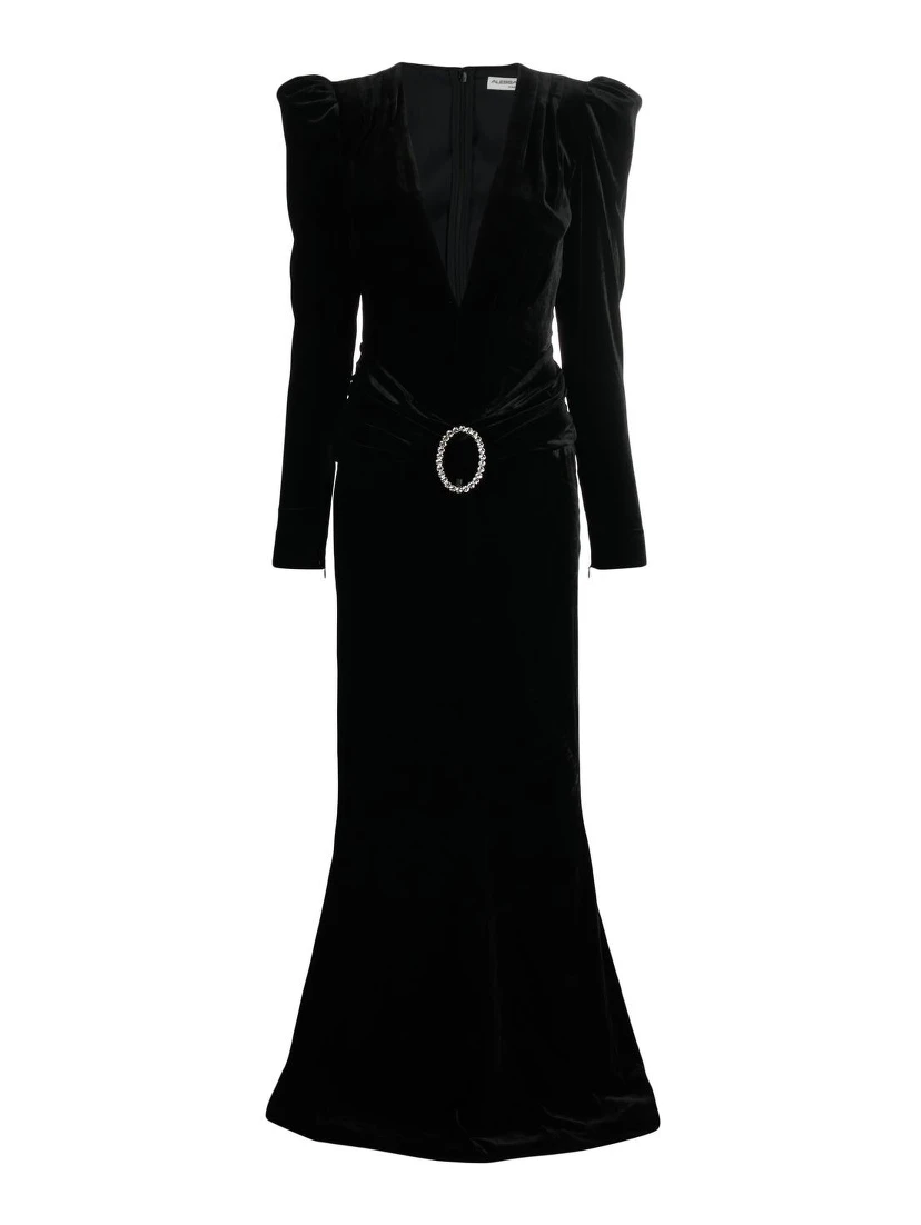 Deep Neckline Velvet Long Dress In Black