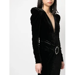 Deep Neckline Velvet Long Dress In Black