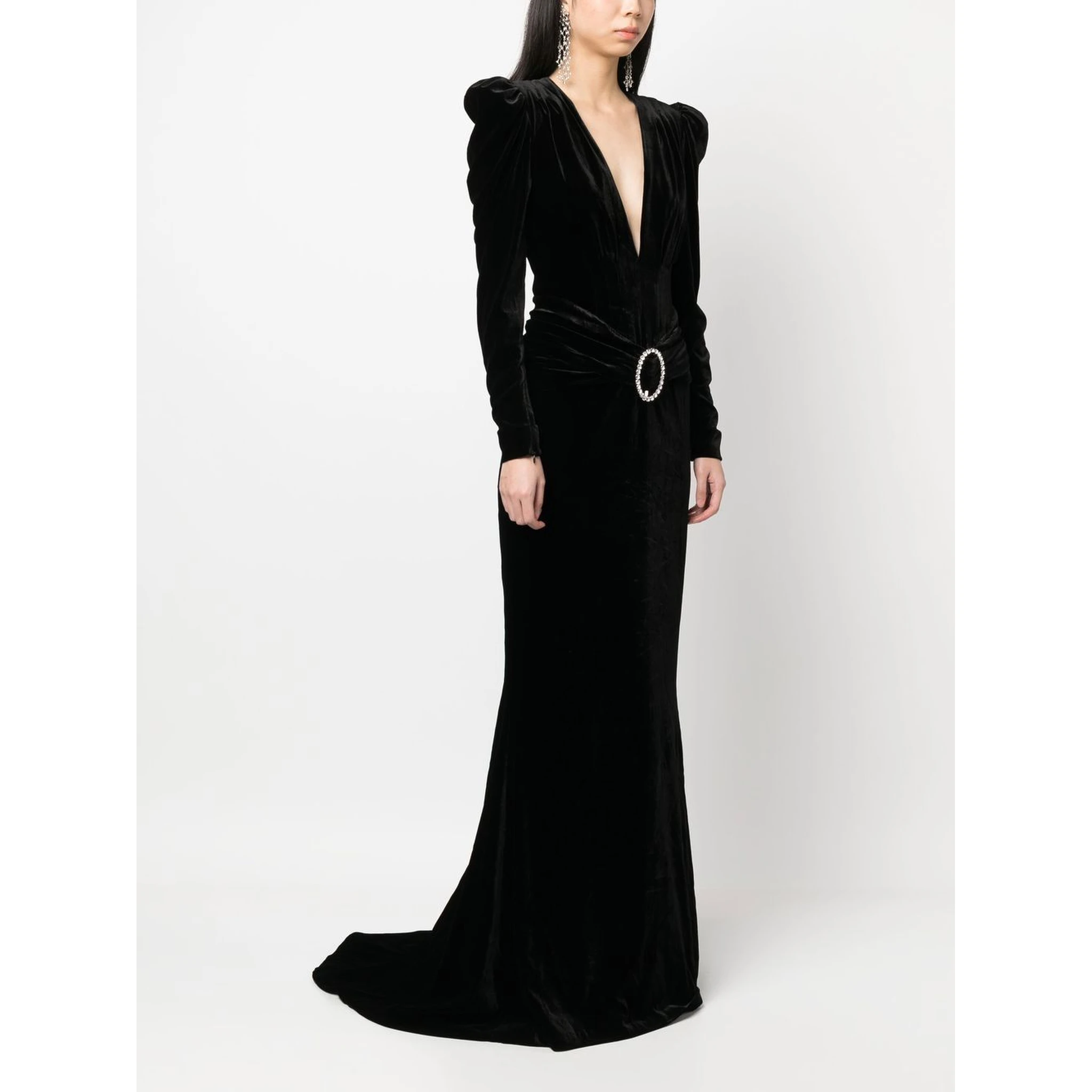 Deep Neckline Velvet Long Dress In Black