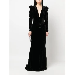 Deep Neckline Velvet Long Dress In Black