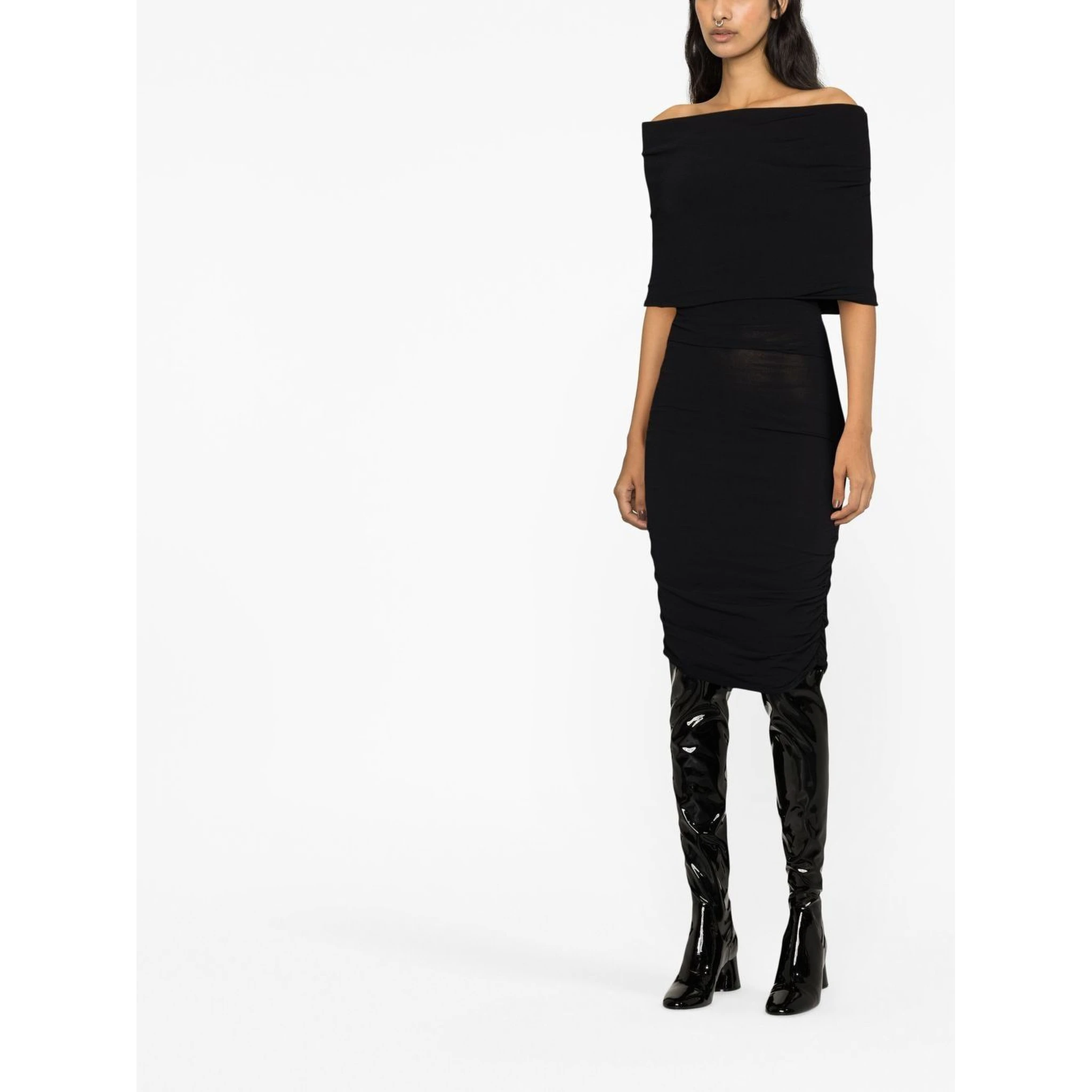 Aerica Ruched Midi Dress In Black