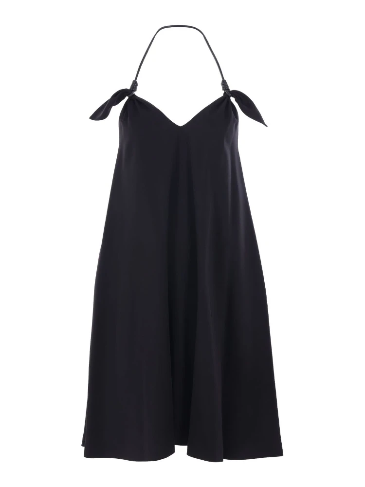 Halter Neck Sleeveless Flared Dress With Bow In Black