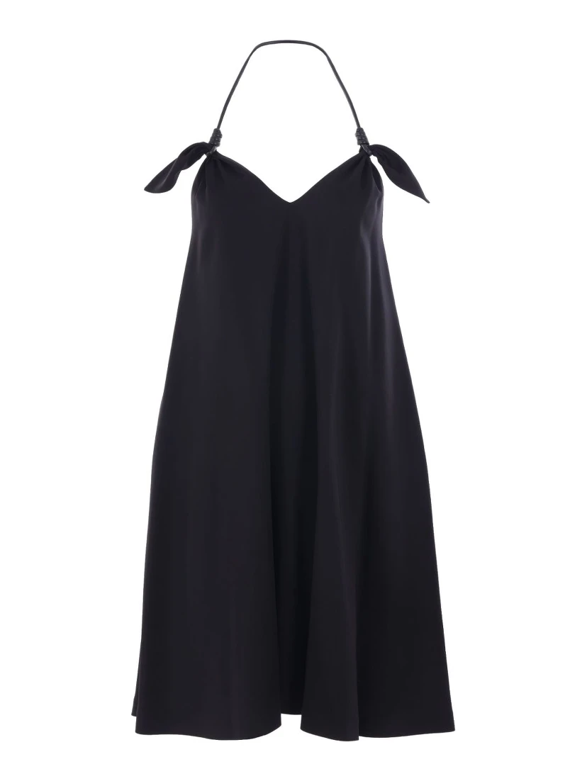 Halter Neck Sleeveless Flared Dress With Bow In Black