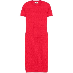 Fendi Women Red Short Sleeve Dress With All-over Ff Motif In Cotton Blend Woman