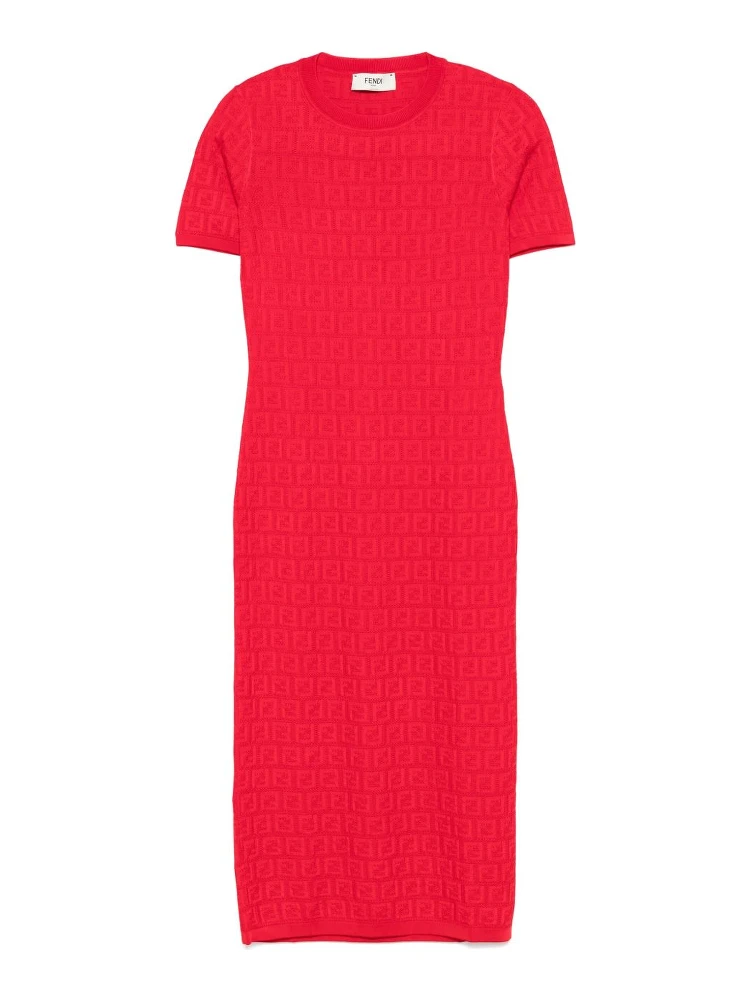Fendi Women Red Short Sleeve Dress With All-over Ff Motif In Cotton Blend Woman