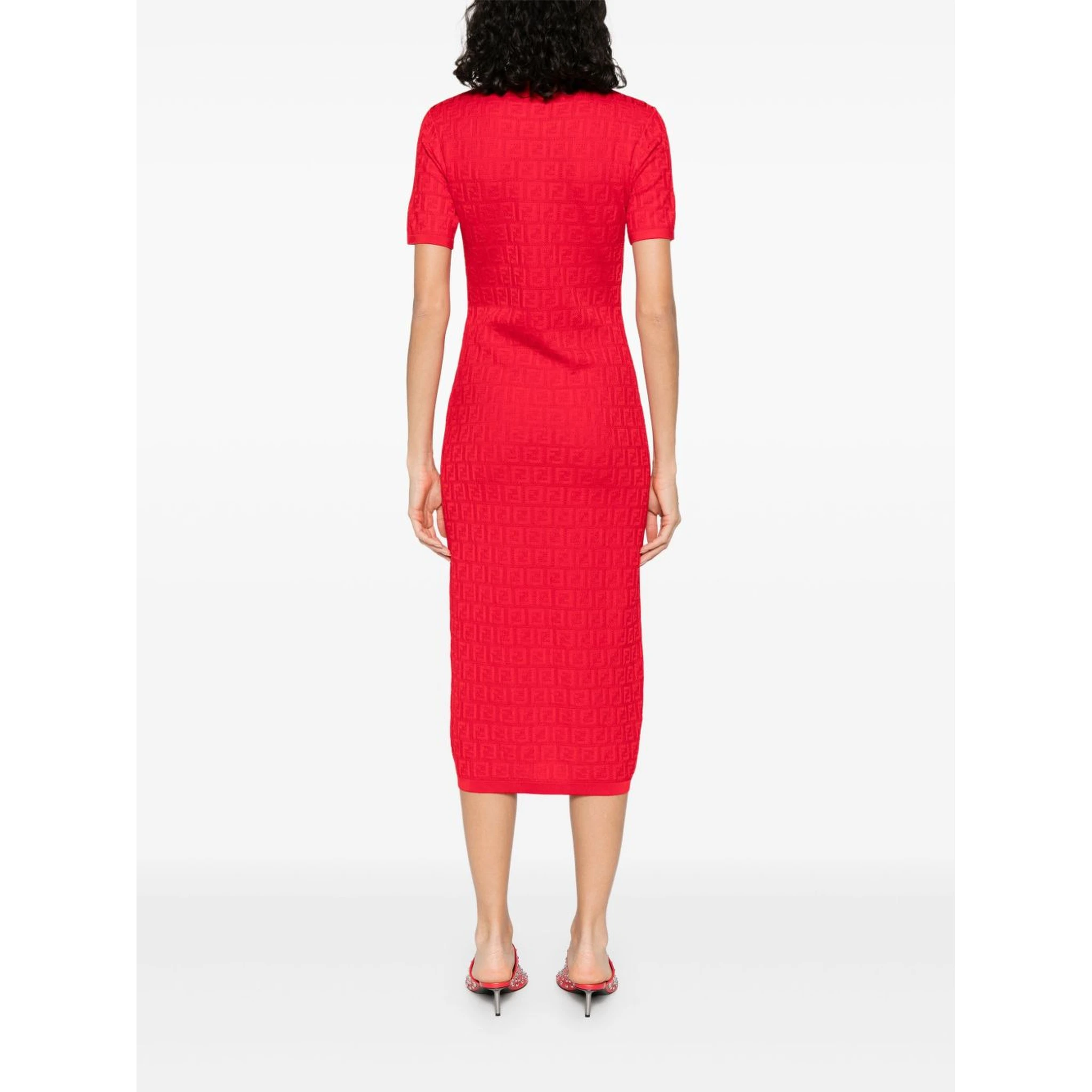 Fendi Women Red Short Sleeve Dress With All-over Ff Motif In Cotton Blend Woman