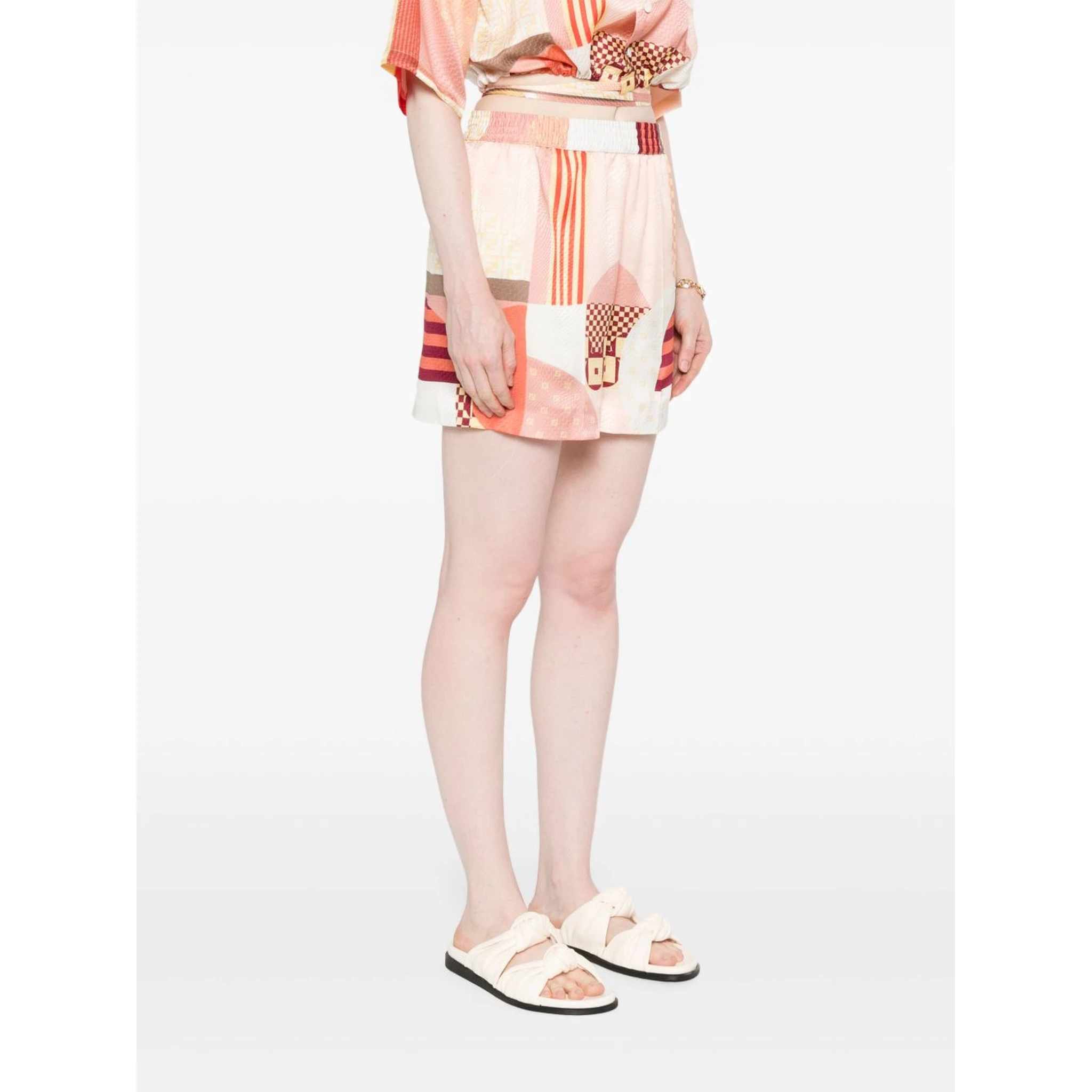 Fendi Vibrant Patchwork Silk Shorts With Relaxed Fit In Pink