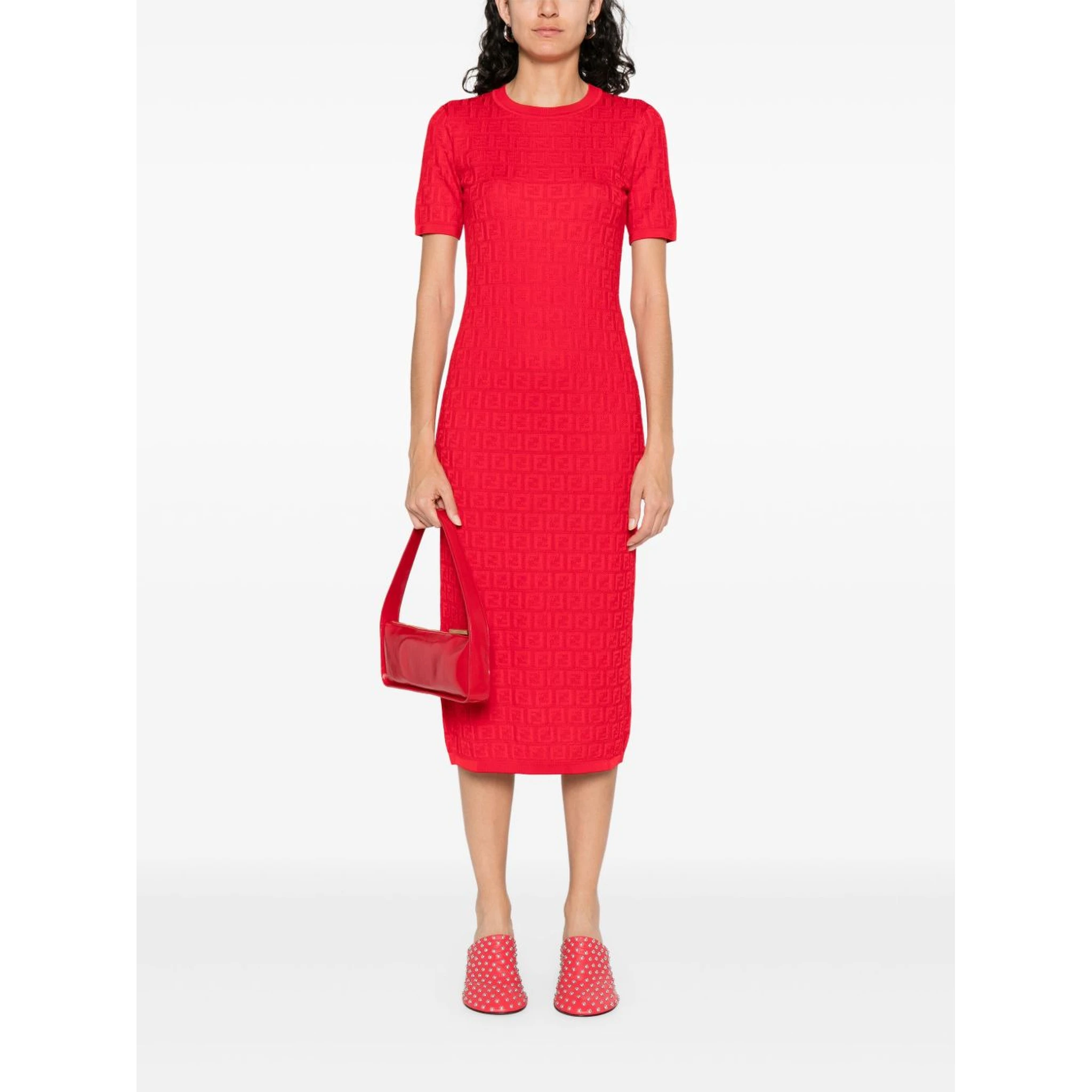 Fendi Women Red Short Sleeve Dress With All-over Ff Motif In Cotton Blend Woman