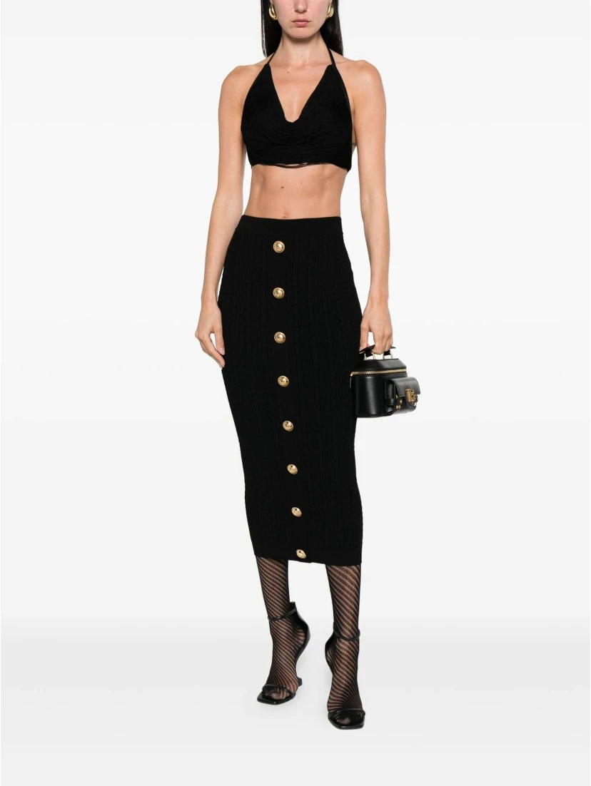 cable-knit button-front midi fitted skirt