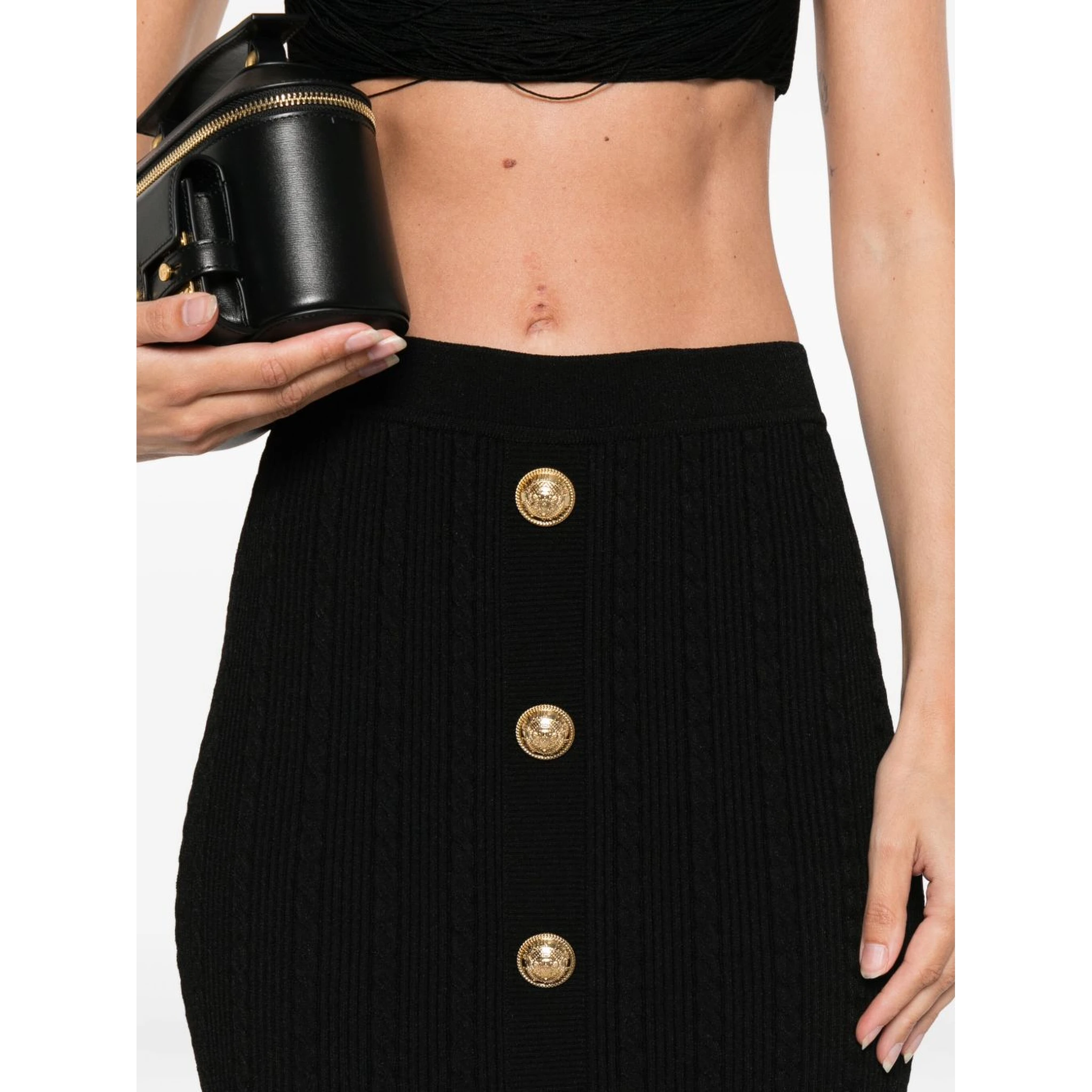 cable-knit button-front midi fitted skirt