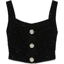 Cropped Button-embellished Metallic Ribbed-knit Top In Black