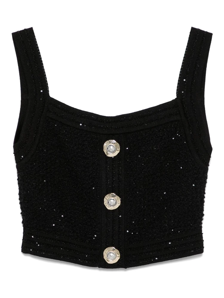 Cropped Button-embellished Metallic Ribbed-knit Top In Black