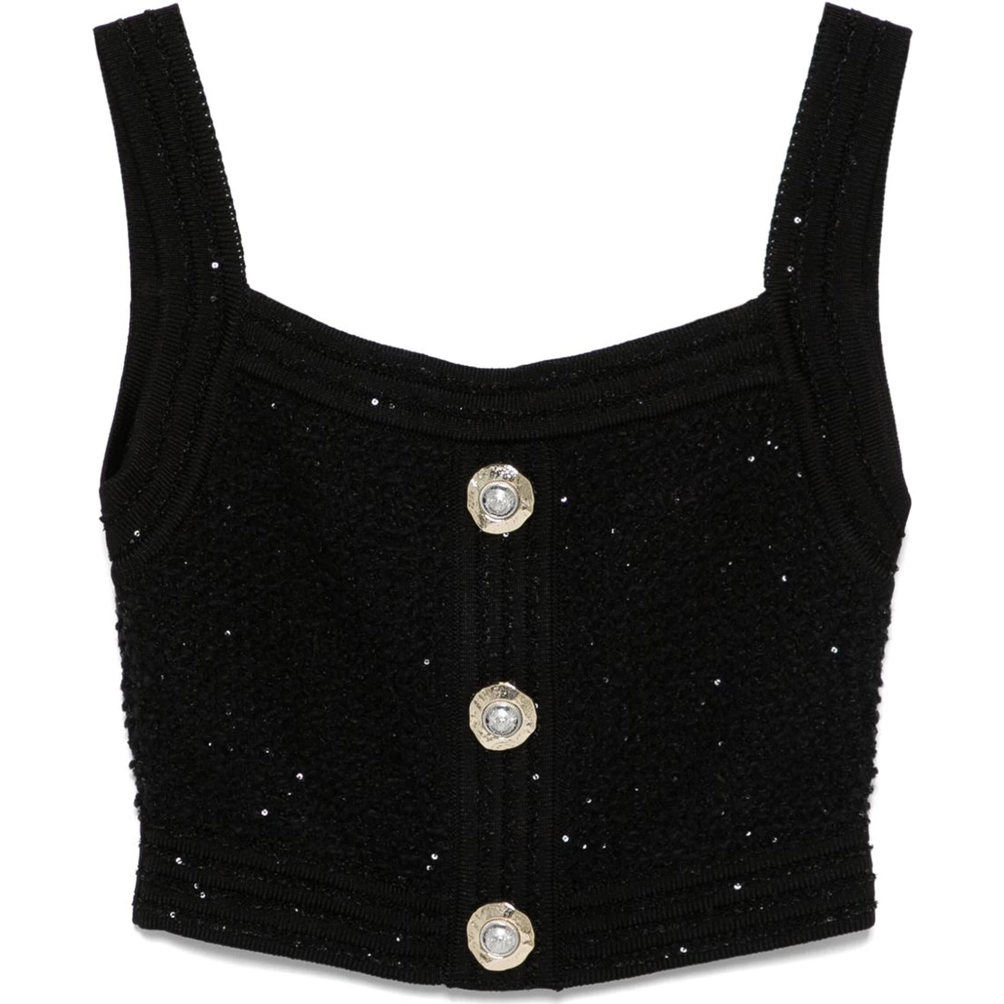 Cropped Button-embellished Metallic Ribbed-knit Top In Black