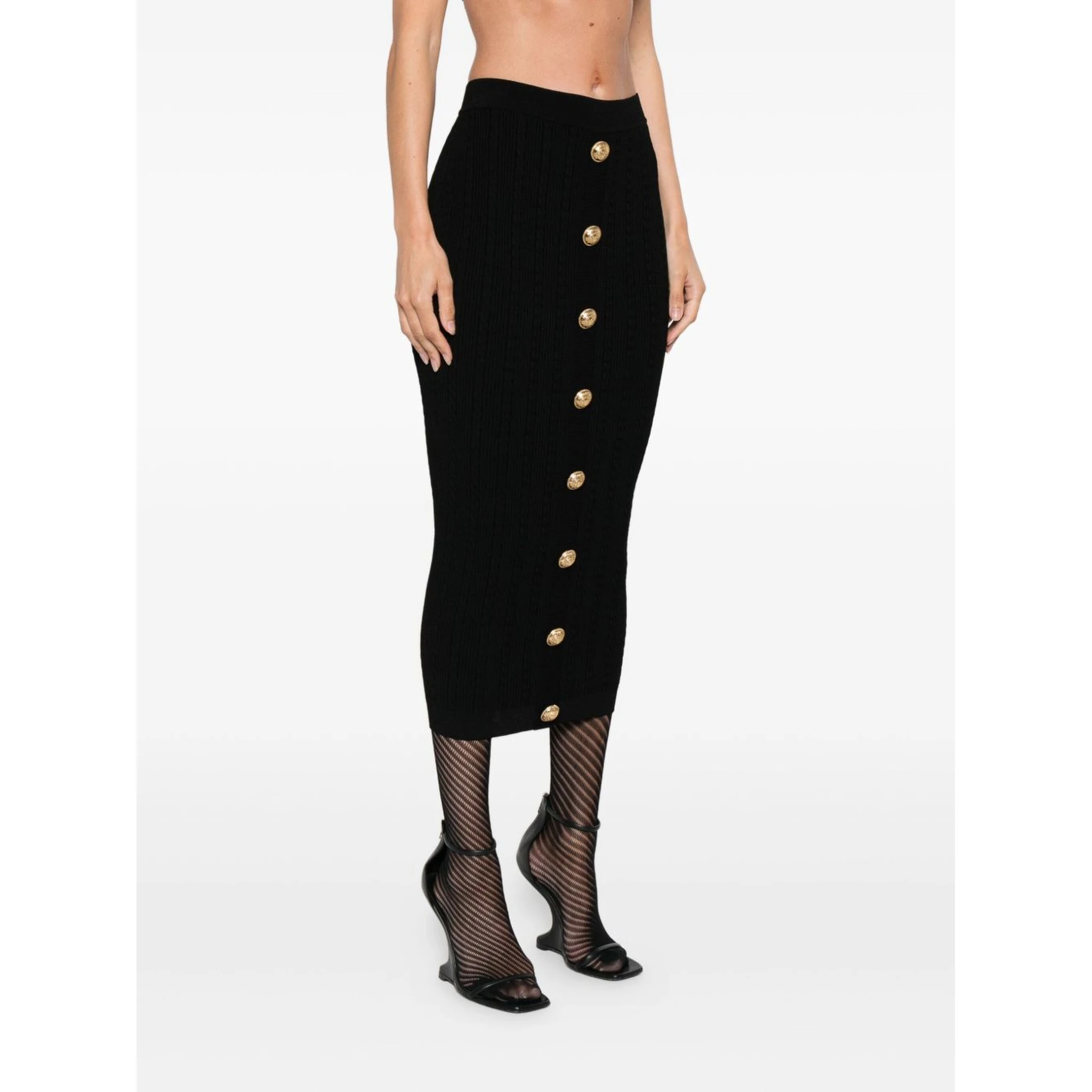 cable-knit button-front midi fitted skirt
