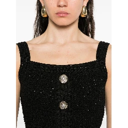 Cropped Button-embellished Metallic Ribbed-knit Top In Black