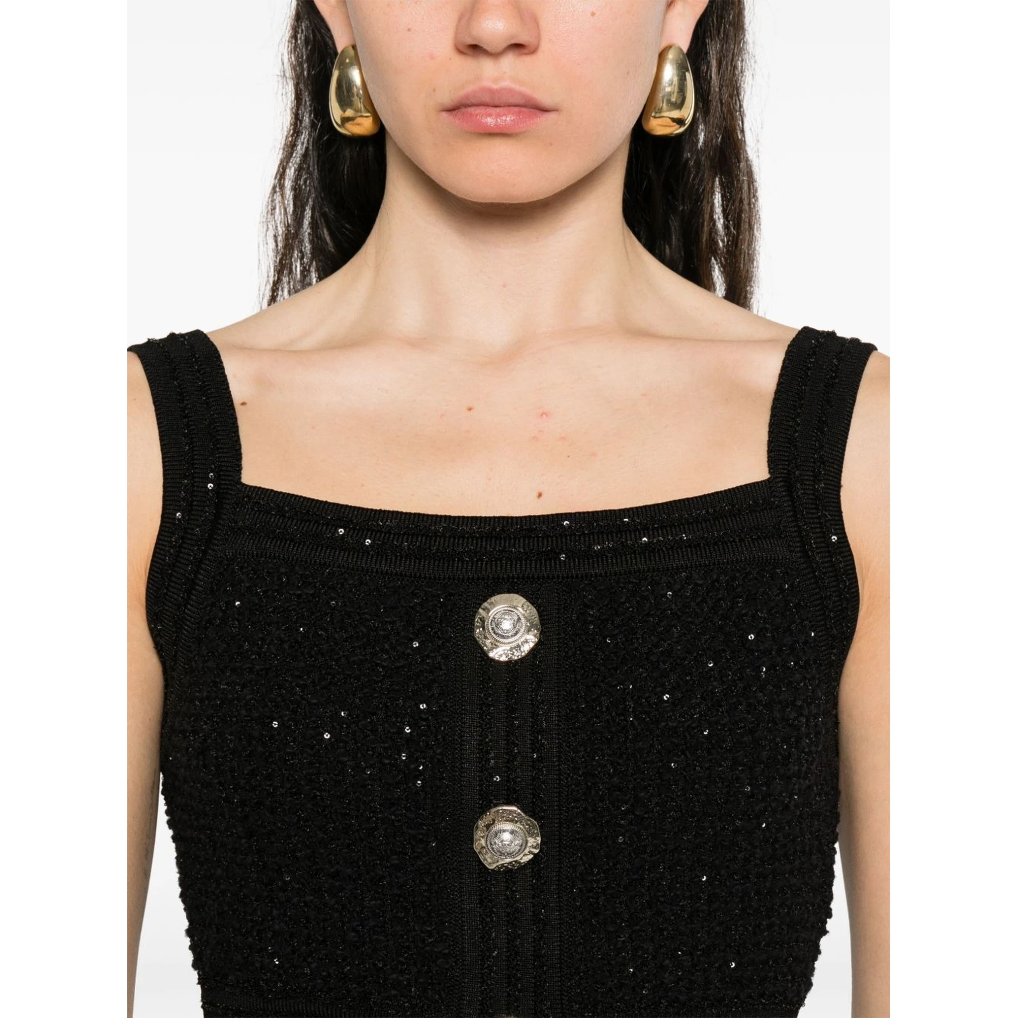 Cropped Button-embellished Metallic Ribbed-knit Top In Black