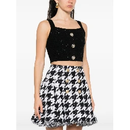 Cropped Button-embellished Metallic Ribbed-knit Top In Black