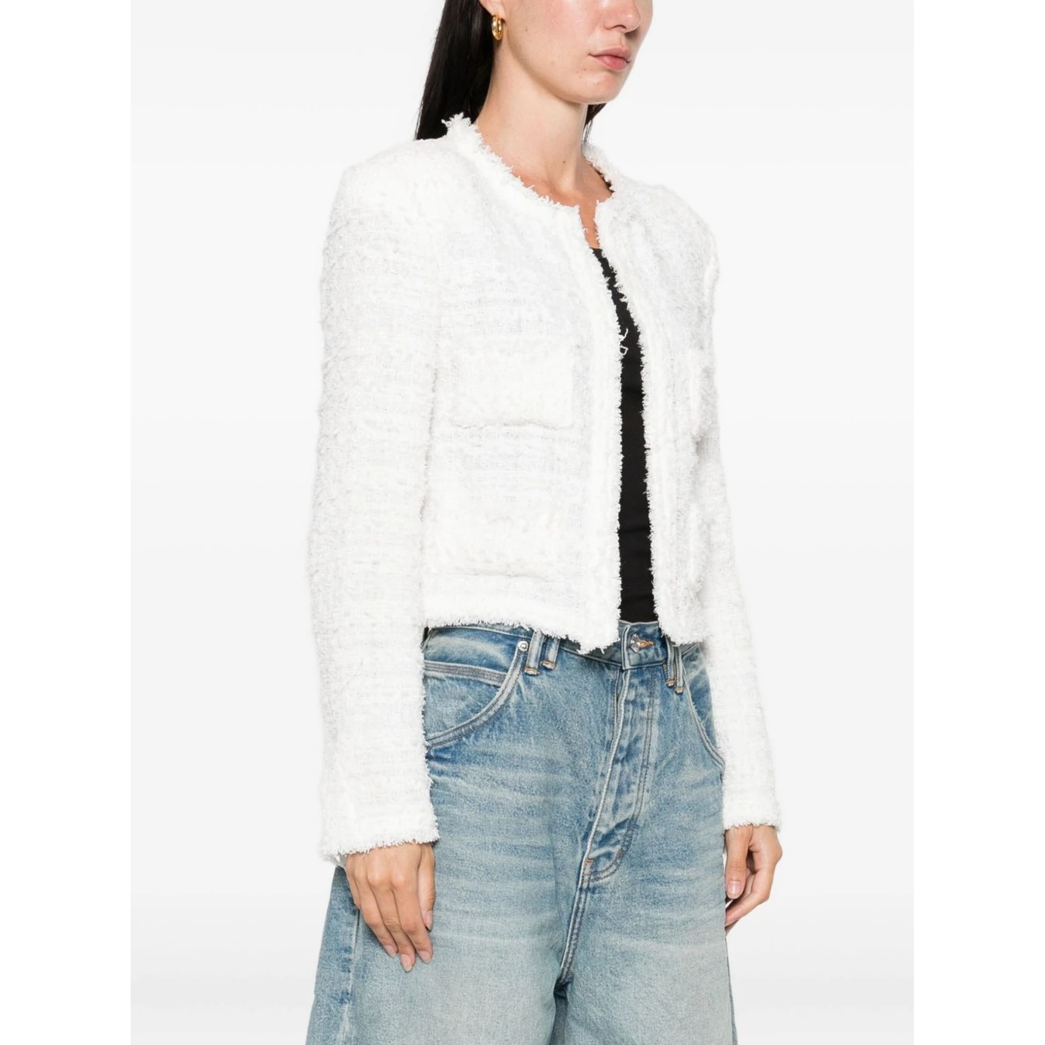 frayed pocketed tweed jacket