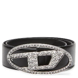 Rhinestone-logo Leather Belt In Black
