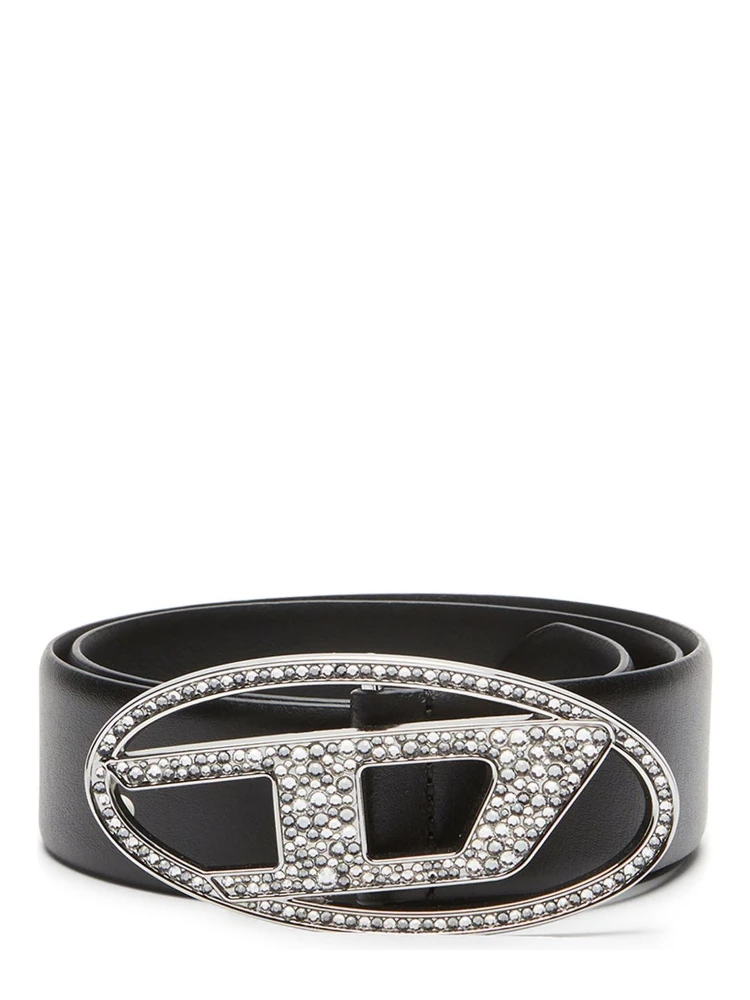 Rhinestone-logo Leather Belt In Black