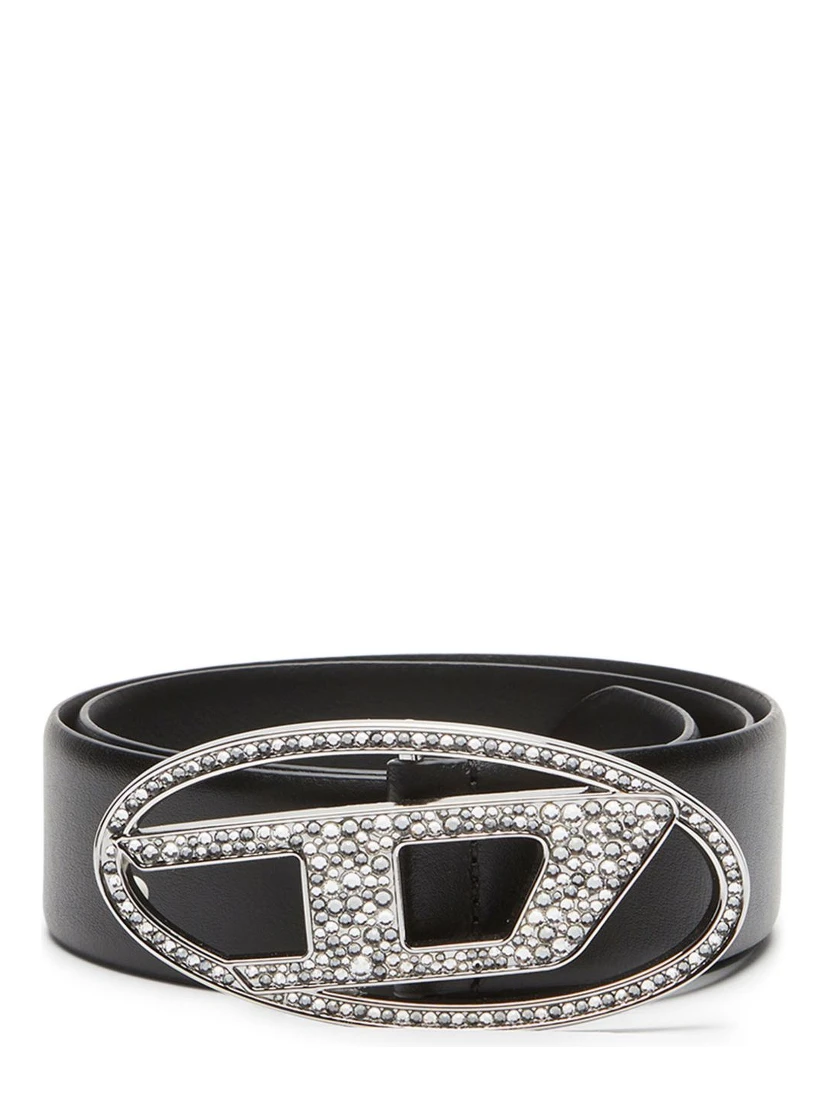 Rhinestone-logo Leather Belt In Black