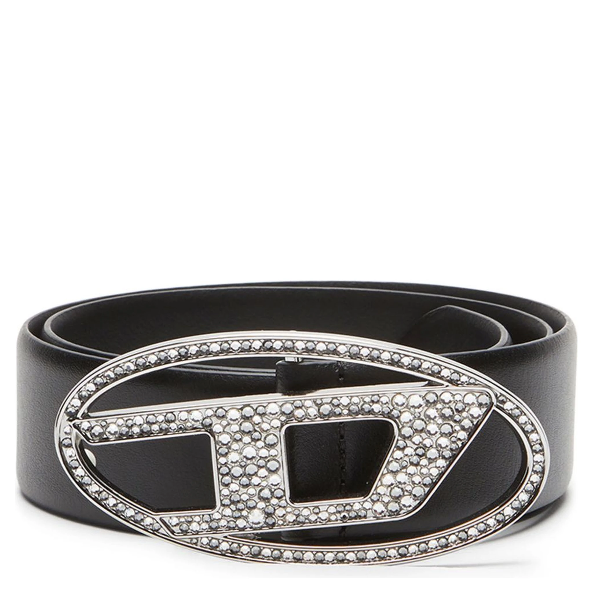 Rhinestone-logo Leather Belt In Black
