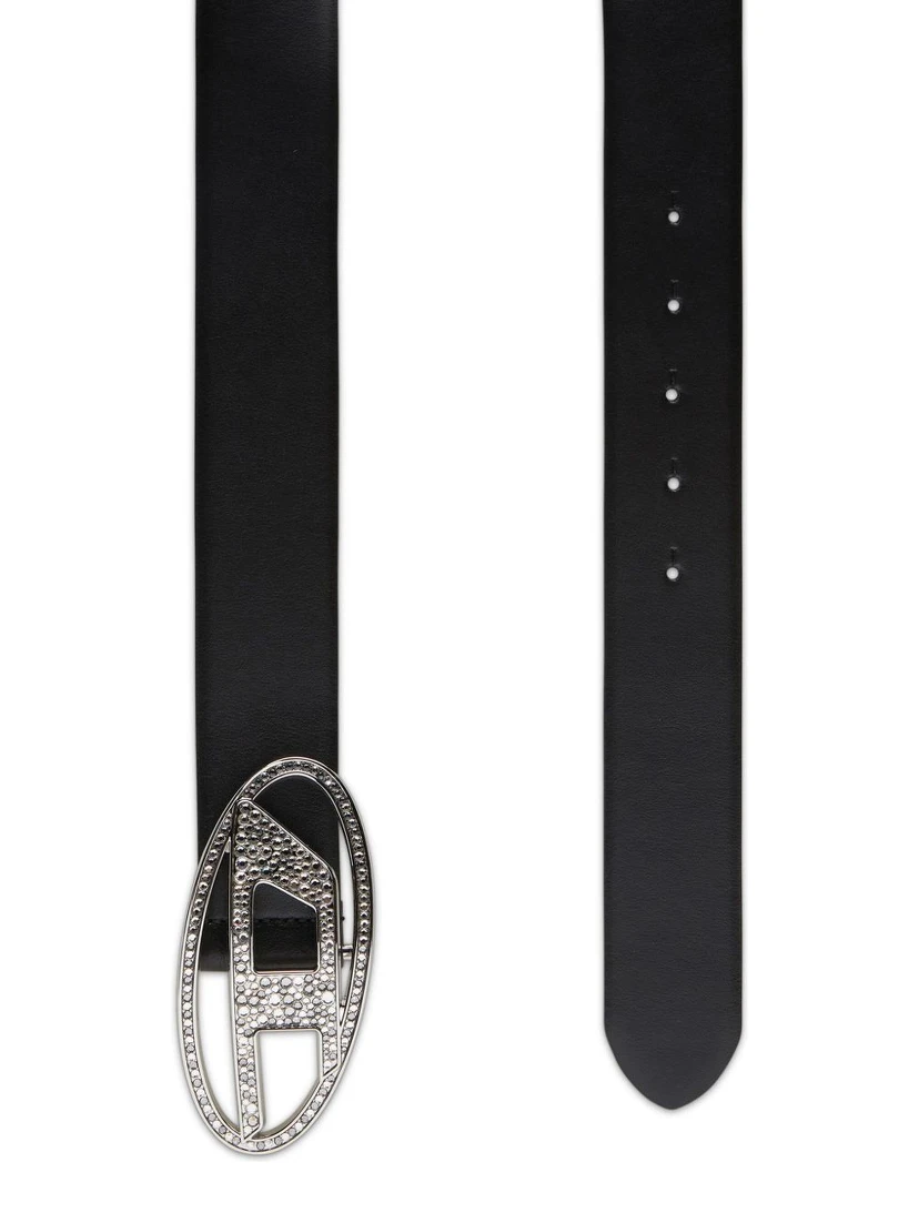 Rhinestone-logo Leather Belt In Black