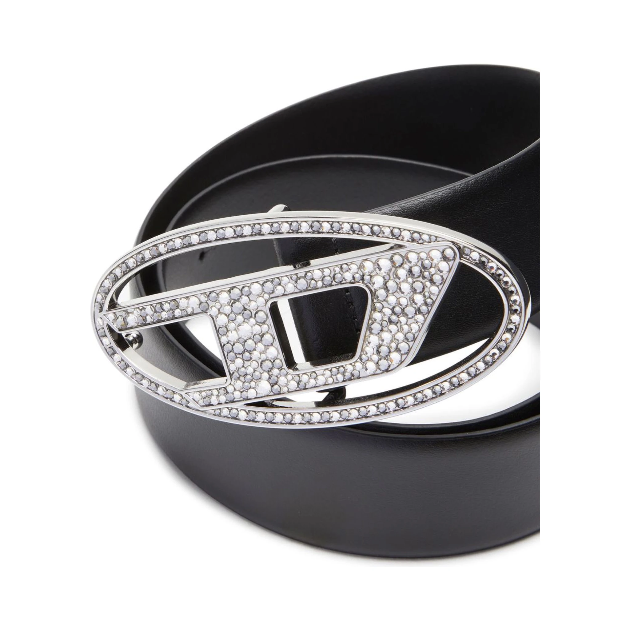 Rhinestone-logo Leather Belt In Black