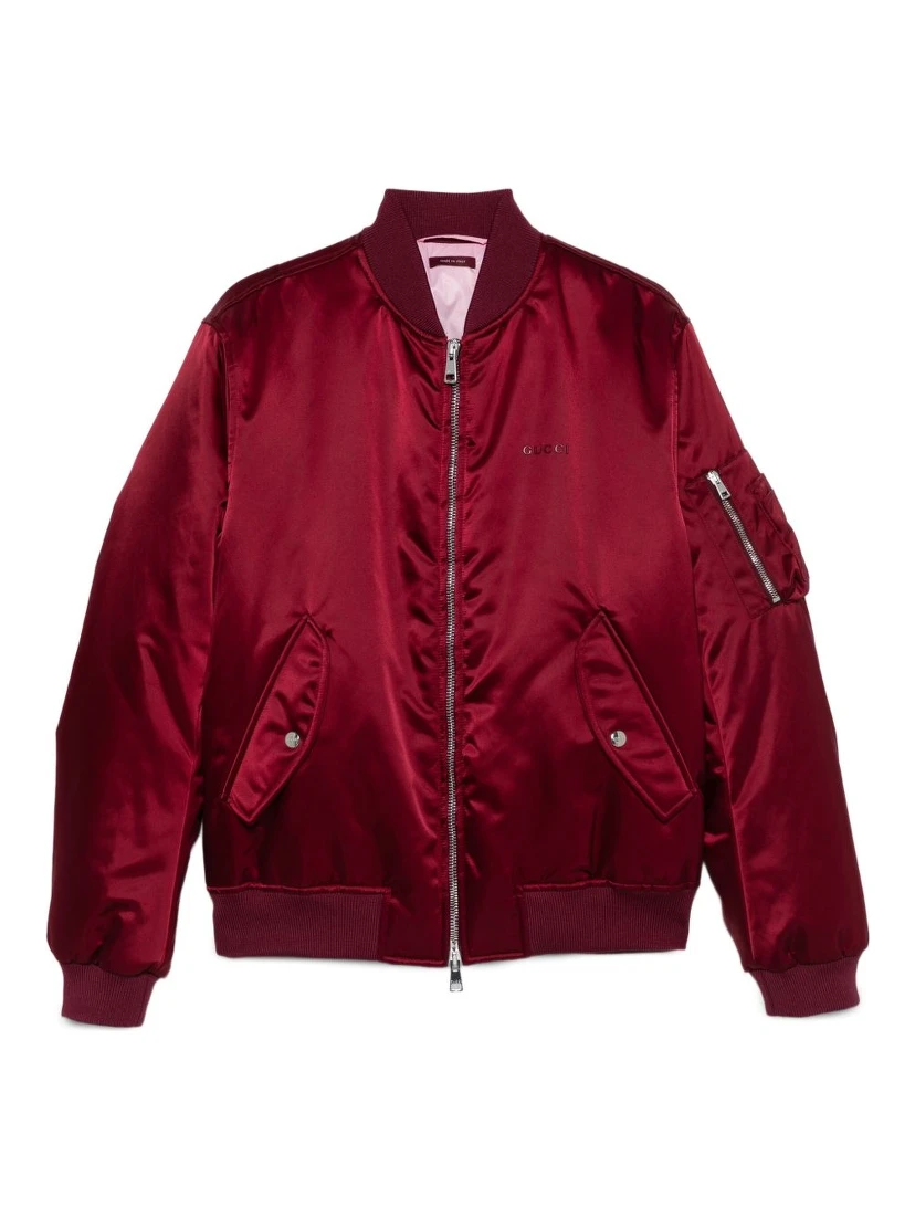 Padded Nylon Bomber Jacket With Chest Logo In Burgundy