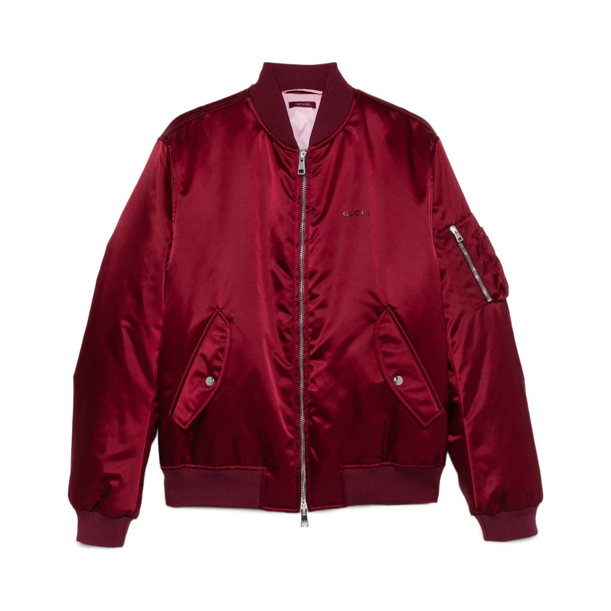 Padded Nylon Bomber Jacket With Chest Logo In Burgundy
