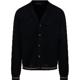 GUCCI Crochet Cardigan With V Neck And Striped Hem In Black