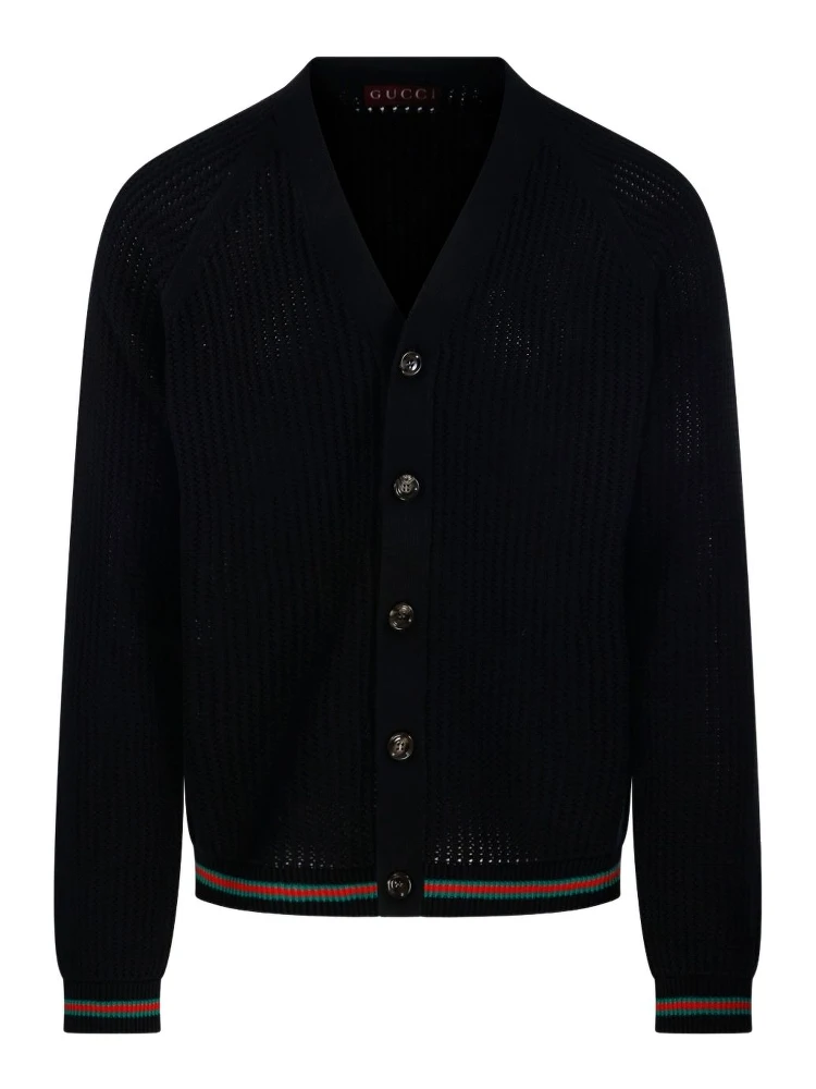 GUCCI Crochet Cardigan With V Neck And Striped Hem In Black