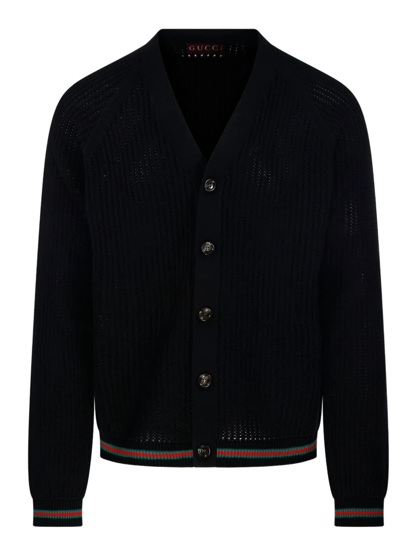 GUCCI Crochet Cardigan With V Neck And Striped Hem In Black