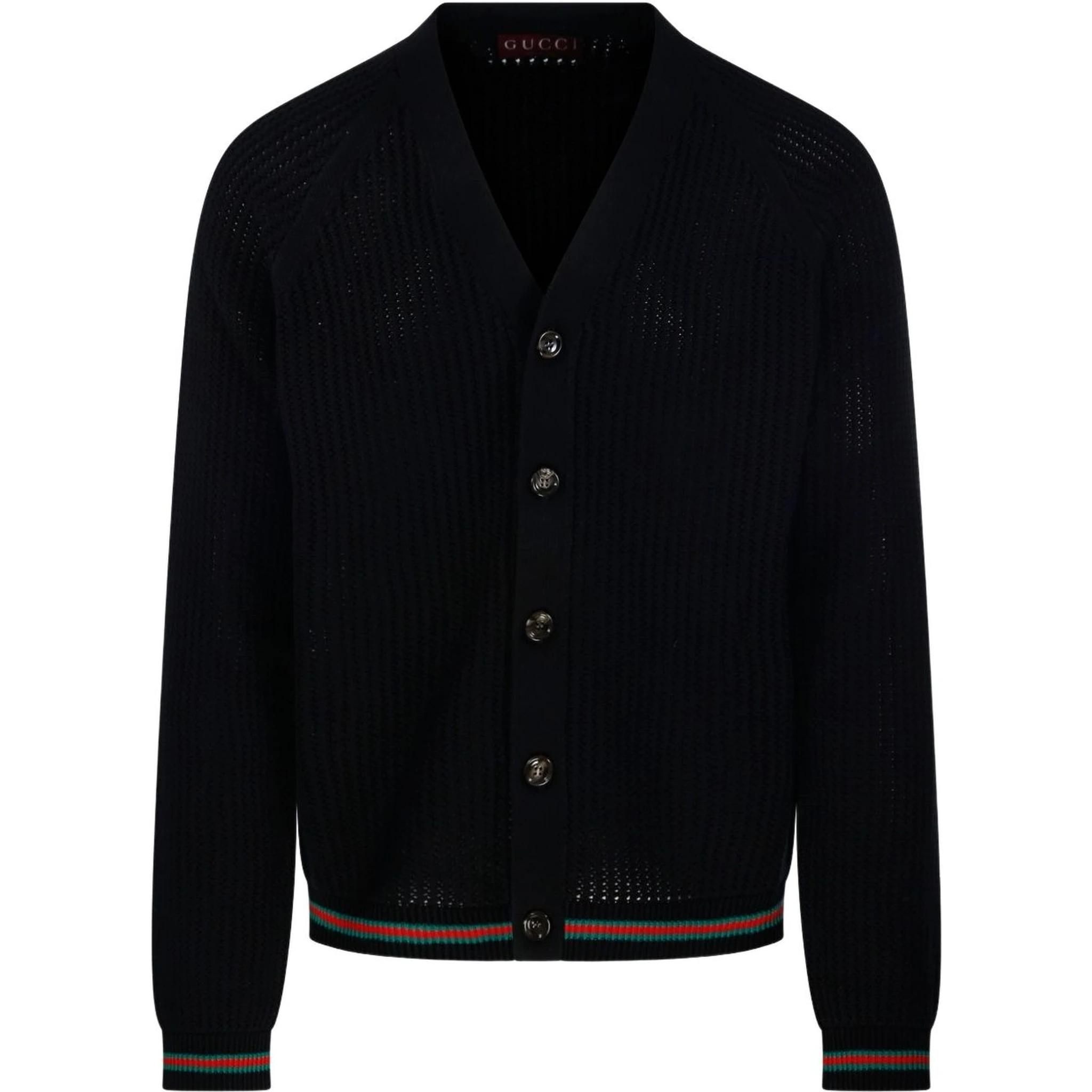 GUCCI Crochet Cardigan With V Neck And Striped Hem In Black