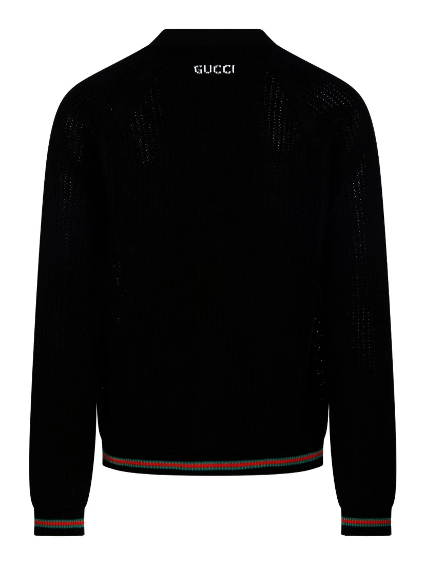 GUCCI Crochet Cardigan With V Neck And Striped Hem In Black