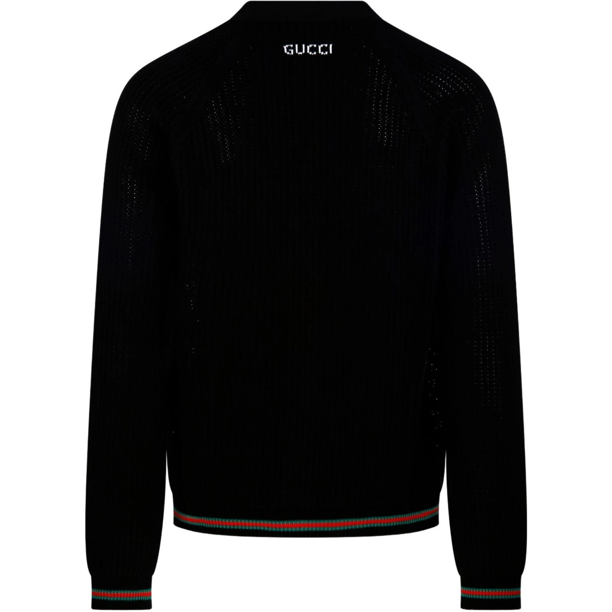 GUCCI Crochet Cardigan With V Neck And Striped Hem In Black