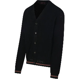GUCCI Crochet Cardigan With V Neck And Striped Hem In Black