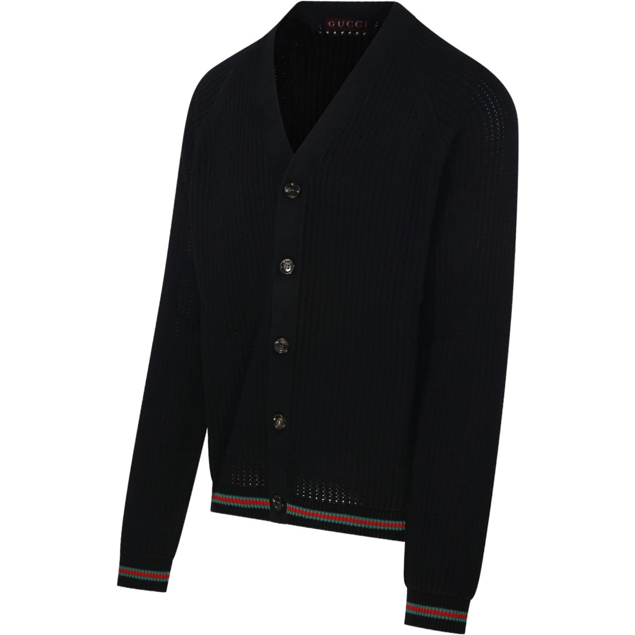 GUCCI Crochet Cardigan With V Neck And Striped Hem In Black
