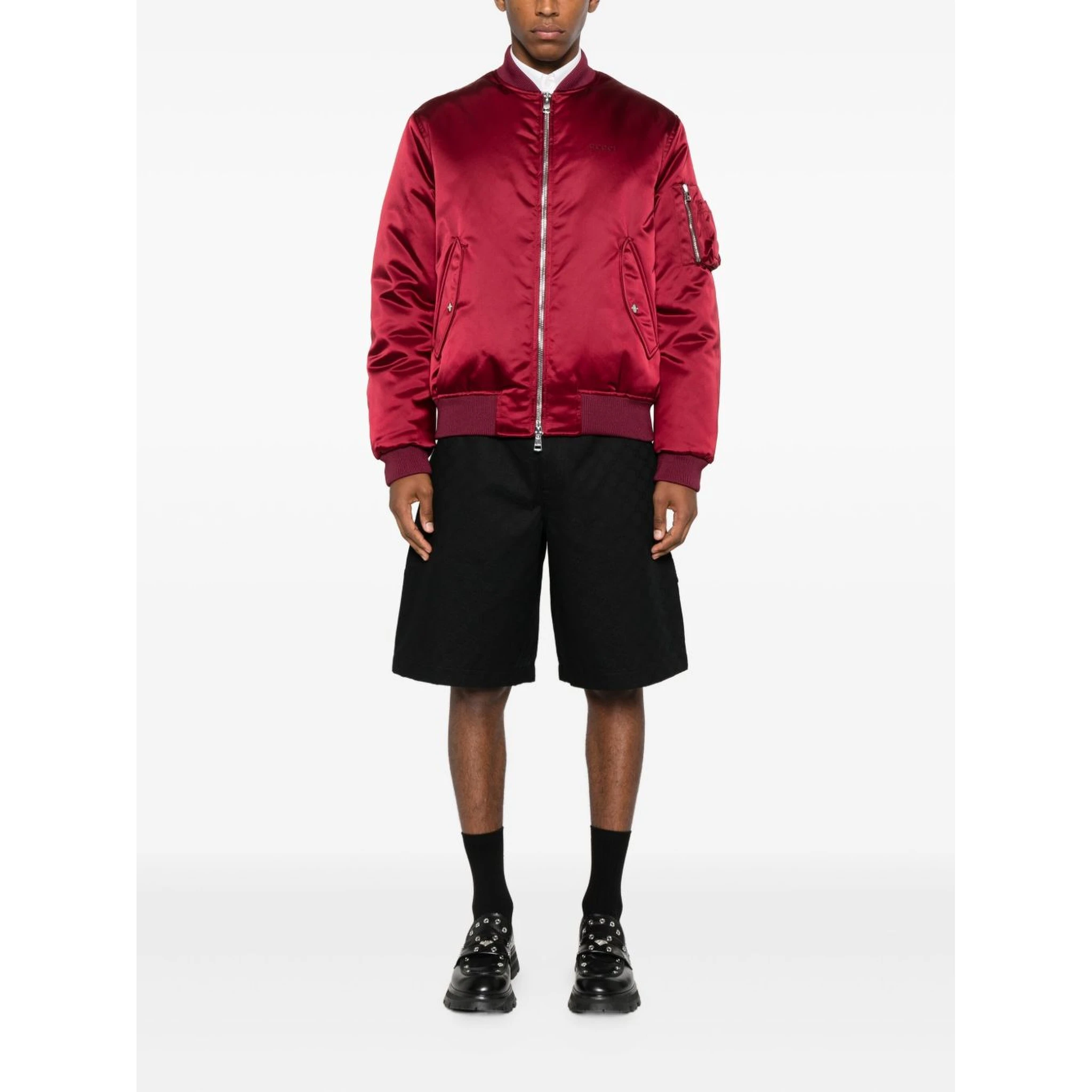 Padded Nylon Bomber Jacket With Chest Logo In Burgundy