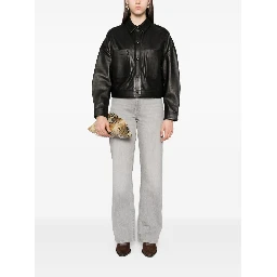 Collared Neck Leather Jacket With Structured Shoulders In Black