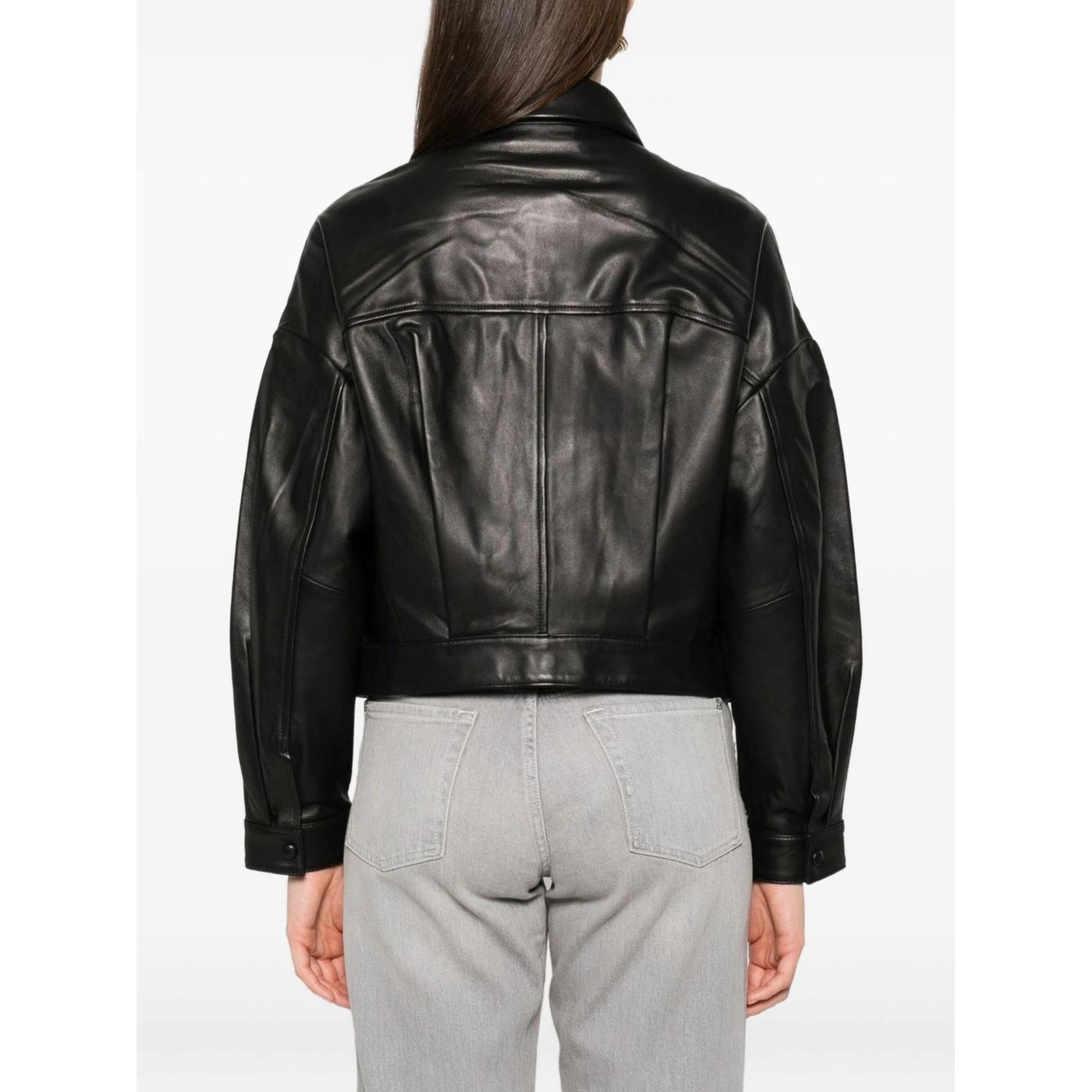 Collared Neck Leather Jacket With Structured Shoulders In Black