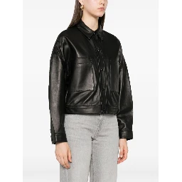 Collared Neck Leather Jacket With Structured Shoulders In Black