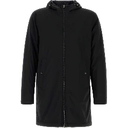 Stretch Nylon Parka With Hood And Pockets In Black
