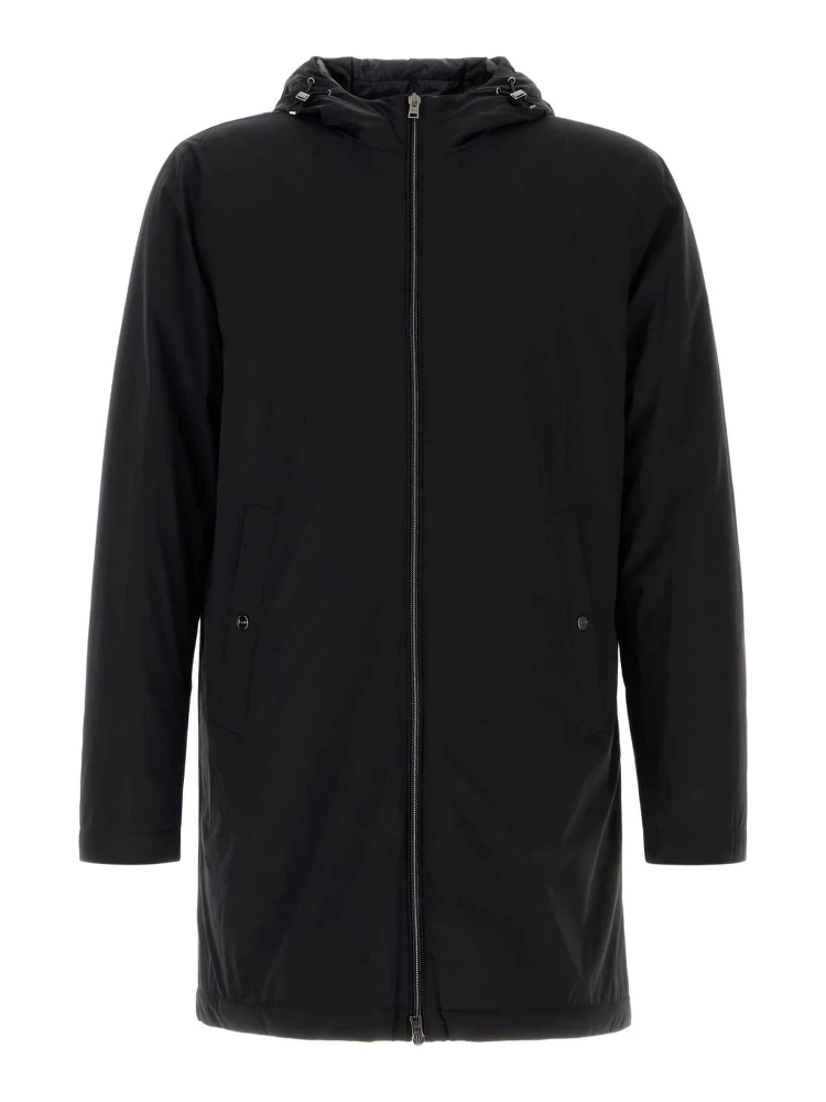 Stretch Nylon Parka With Hood And Pockets In Black