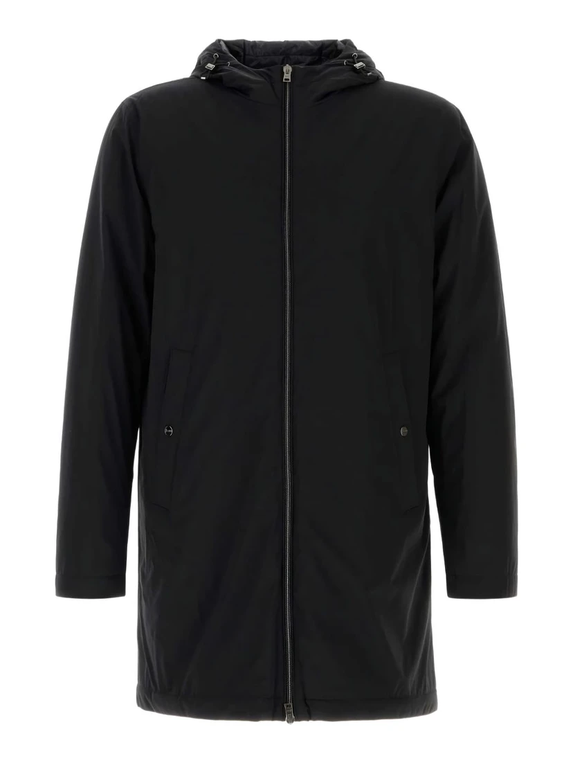 Stretch Nylon Parka With Hood And Pockets In Black