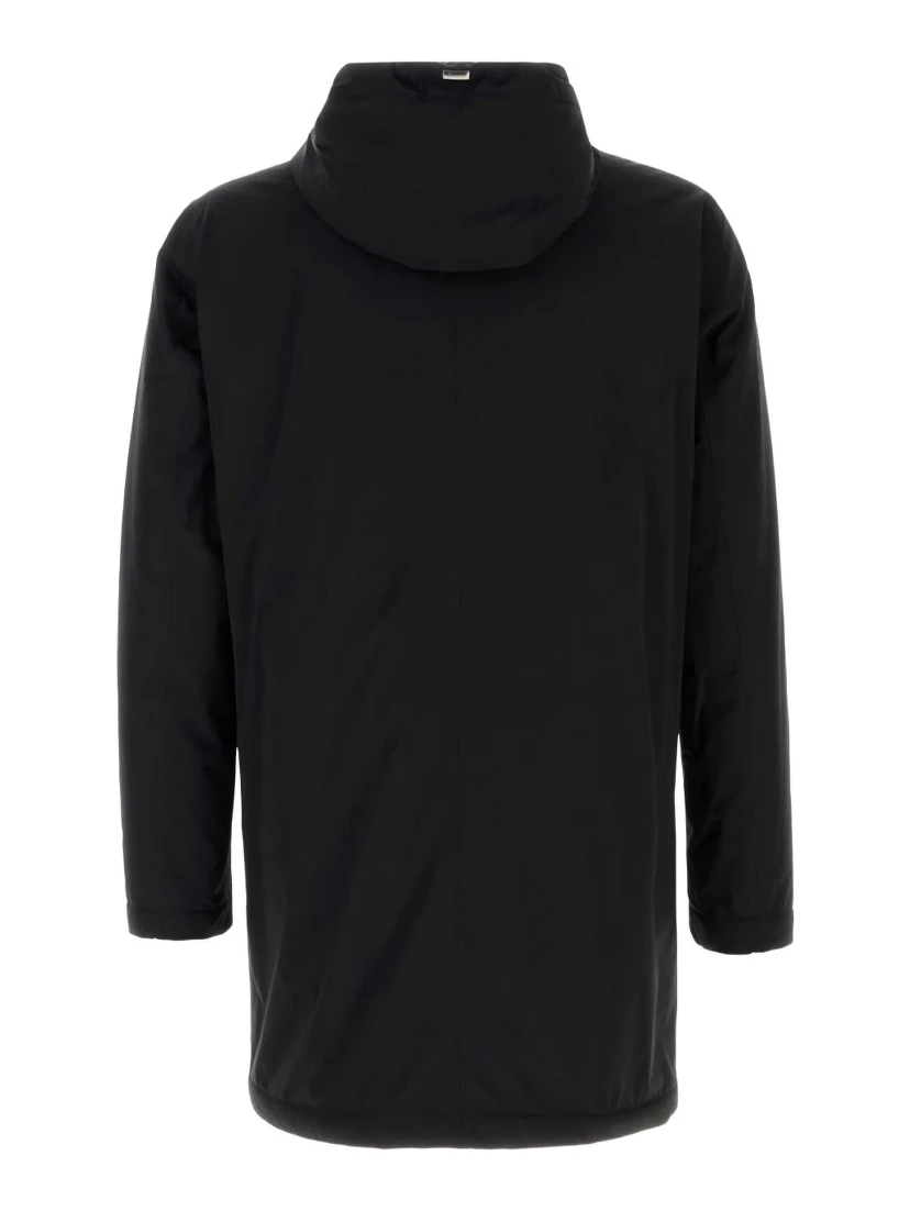 Stretch Nylon Parka With Hood And Pockets In Black