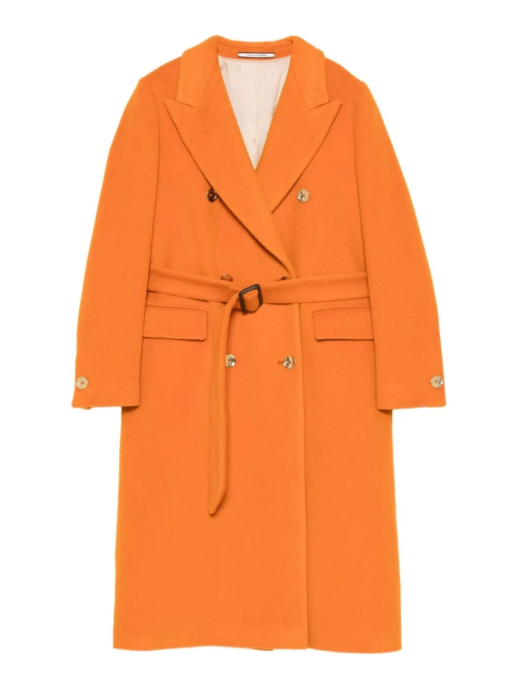 Long Length Wool Coat With Gold-tone Buttons In Orange